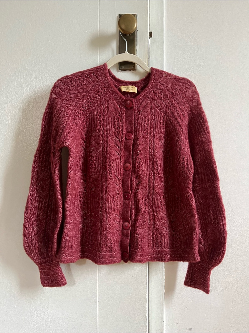 Sezane Mohair and Wool Cable-Knit Button Front Sweater Cardigan - Burgundy